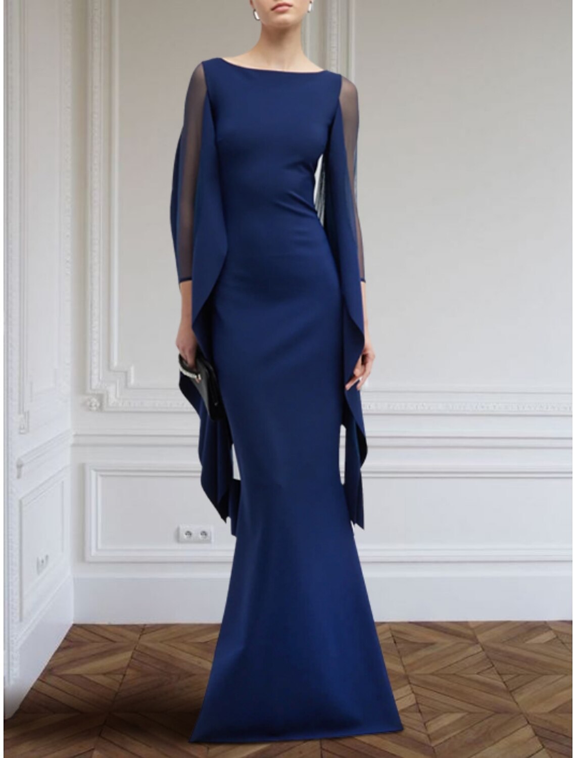 Sheath Black Dress Evening Gown Elegant Dress Formal Floor Length Long Sleeve Scoop Neck Chiffon with Ruffles 2026