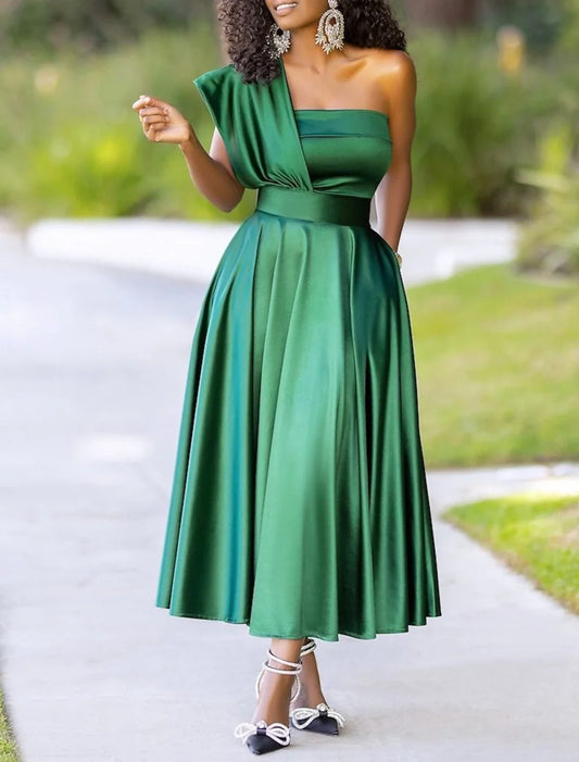 A-Line Cocktail Dresses Plus Size Dress Wedding Guest Party Wear Ankle Length Sleeveless One Shoulder Charmeuse with Pleats 2026