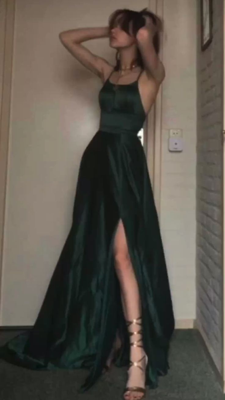 Sexy A Line Halter Dark Green Satin Long Prom Gown Prom Dresses