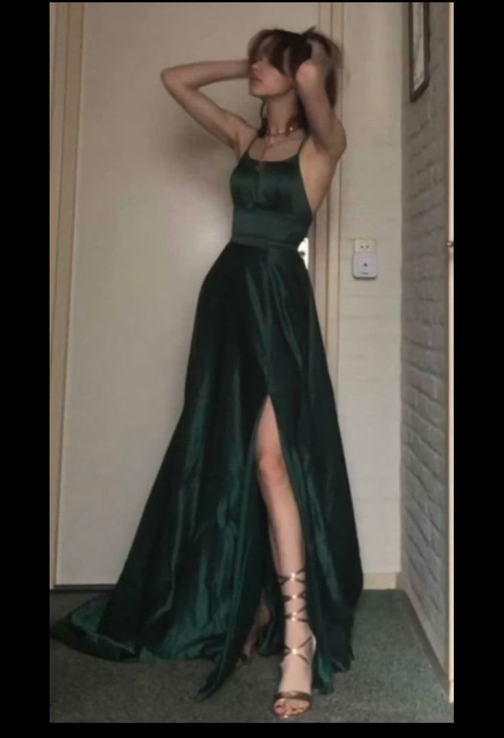 Sexy A Line Halter Dark Green Satin Long Prom Gown Prom Dresses