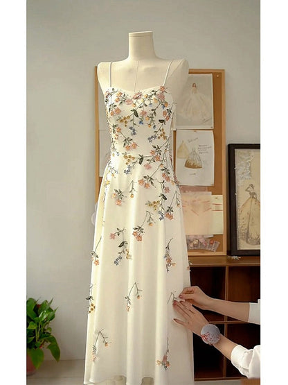Sexy A Line Spaghetti Straps Ivory Floral Satin Prom Dresses Birthday Outfits Prom Gowns