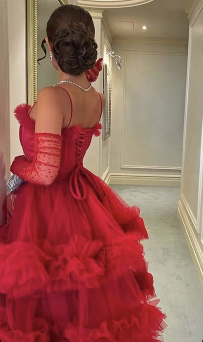 Sexy Ball Gowns Long Straps Red Tulle Prom Dresses