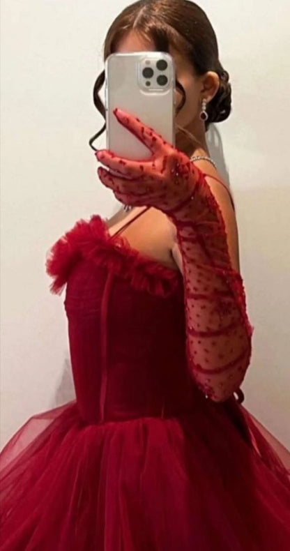Sexy Ball Gowns Long Straps Red Tulle Prom Dresses