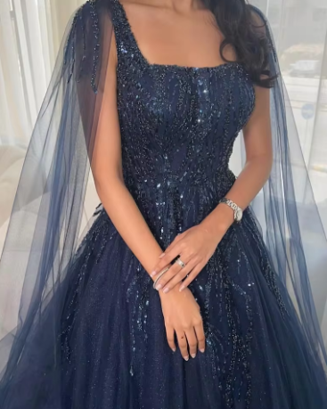 Sexy Ball Gowns Navy Blue Tulle Long Sequin Prom Dress Long Prom Dresses