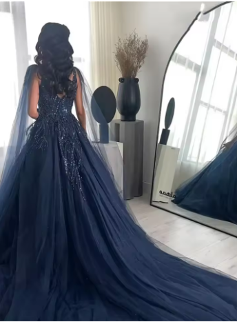 Sexy Ball Gowns Navy Blue Tulle Long Sequin Prom Dress Long Prom Dresses