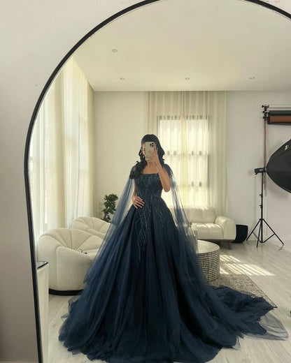 Sexy Ball Gowns Navy Blue Tulle Long Sequin Prom Dress Long Prom Dresses