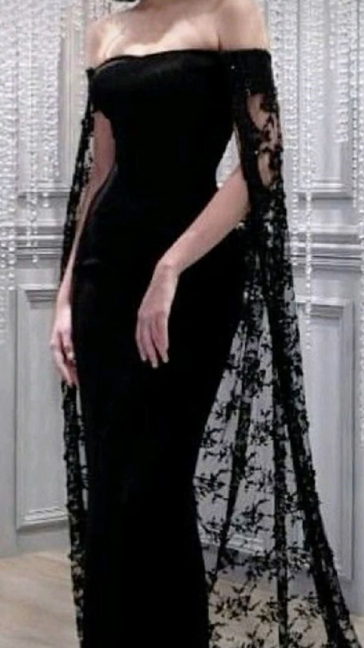 Black Noble And Elegant Mermaid Slim Lace Cape Elegant Long Floor-Length Trailing Ball Gowns Prom Dress
