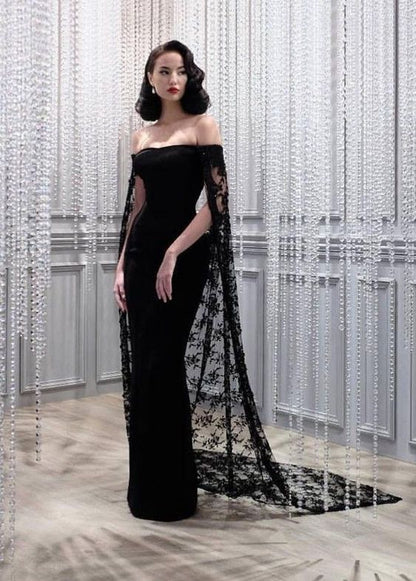 Black Noble And Elegant Mermaid Slim Lace Cape Elegant Long Floor-Length Trailing Ball Gowns Prom Dress