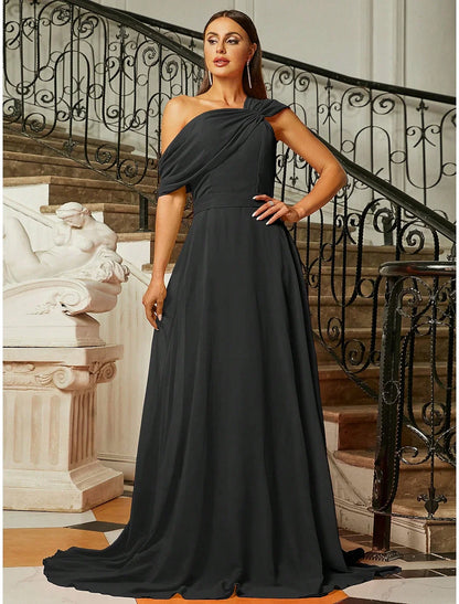 A-Line Evening Gown Elegant Dress Formal Wedding Guest Sweep / Brush Train Short Sleeve One Shoulder Fabric with Pleats Ruched