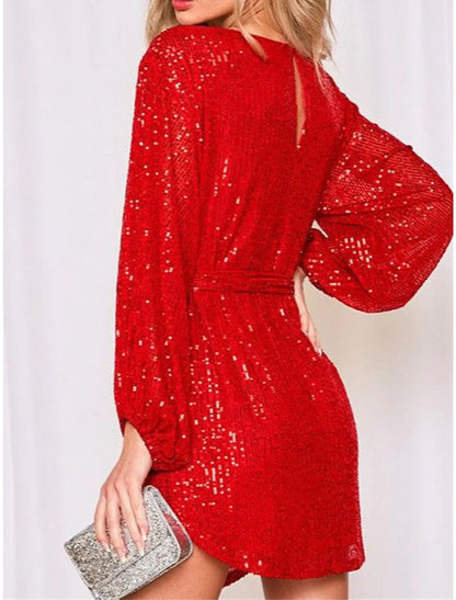 Women's Sequin Dress Party Dress Homecoming Dress Mini Dress Silver Black White Long Sleeve Pure Color Lace up Fall Winter Autumn Crew Neck Red Valentines Dress Winter Dress Valentine's Day Wedding