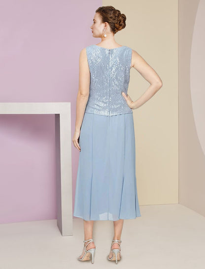 Two Piece A-Line Mother of the Bride Dress Wedding Guest Winter With Jacket 3/4 Sleeve Scoop Neck Tea Length Chiffon Sequined Pleats Sequin Solid Color Sparkle & Shine Petite