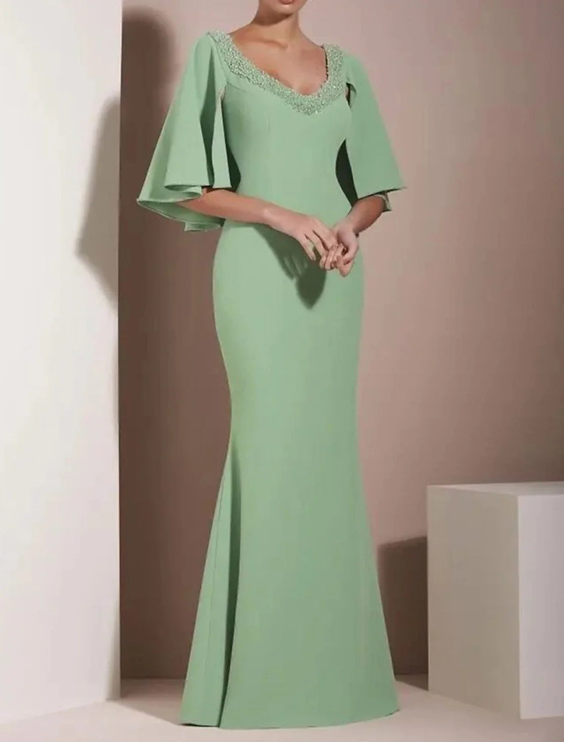 Mermaid / Trumpet Wedding Guest Dresses Minimalist Dress Wedding Party Black Tie Floor Length Half Sleeve V Neck Fabric with Fringe 2026