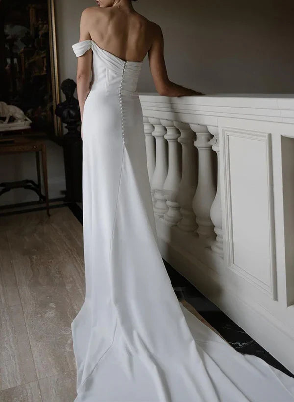 Tailored one shoulder sleeveless slit satin wedding dress