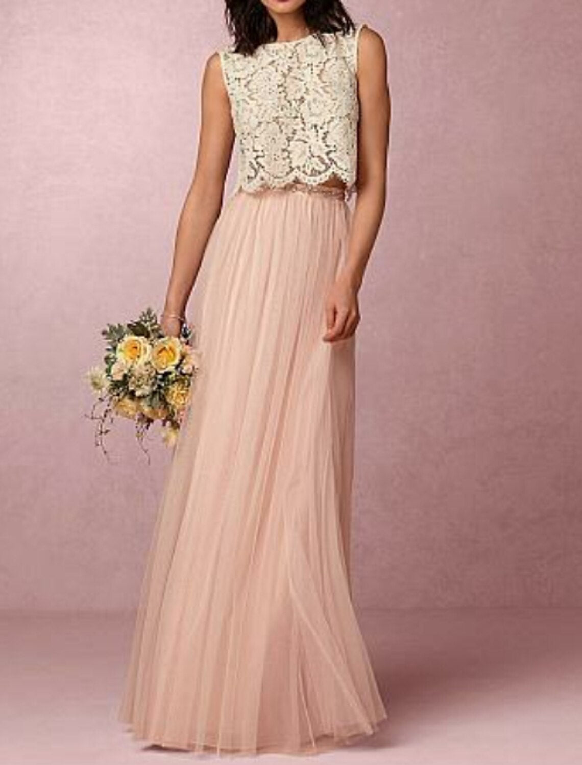 A-Line Jewel Neck Sleeveless Two Piece Floor Length Chiffon with Pleats Long Lace Bridesmaid Dress