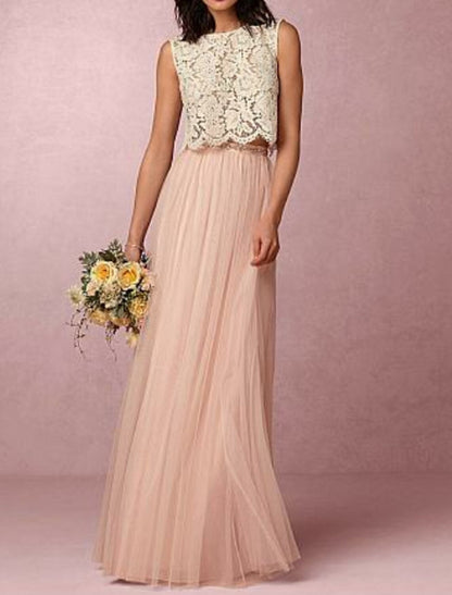 A-Line Jewel Neck Sleeveless Two Piece Floor Length Chiffon with Pleats Long Lace Bridesmaid Dress