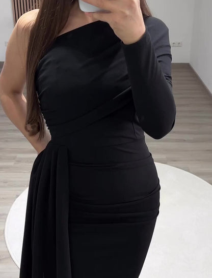 Mermaid Black Dress Evening Gown Vintage Dress Formal Masquerade Floor Length Long Sleeve One Shoulder Gothic Chiffon with Ruched
