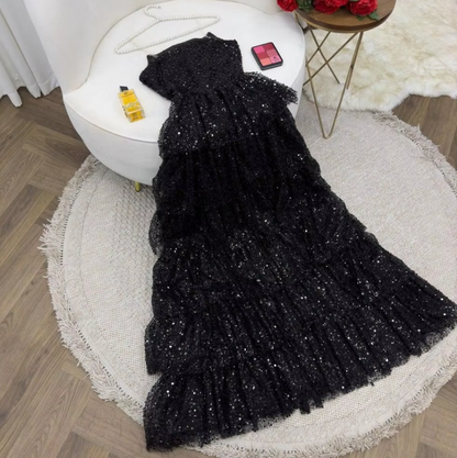 Shiny Black Strapless A-Line Sequin Slit Long Prom Dresses Prom Gown