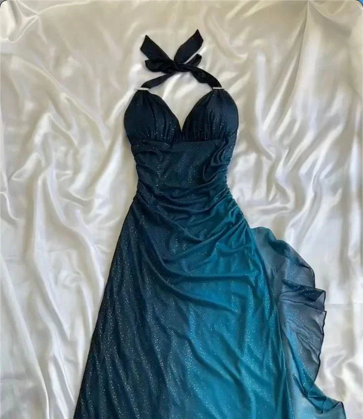 Shiny Chiffon Halter Sheath Prom Dresses For Prom&Birthday Elegant Blue Prom Gown