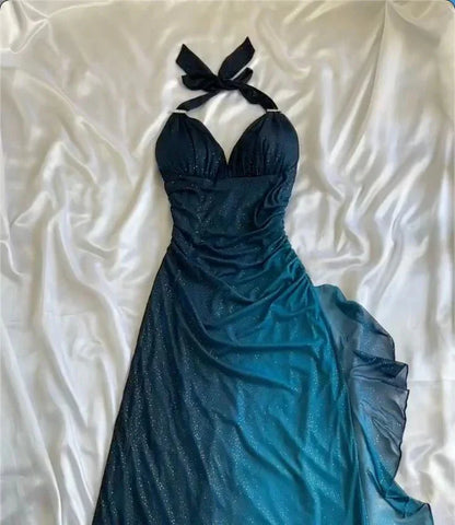 Shiny Chiffon Halter Sheath Prom Dresses For Prom&Birthday Elegant Blue Prom Gown