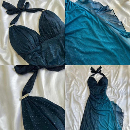 Shiny Chiffon Halter Sheath Prom Dresses For Prom&Birthday Elegant Blue Prom Gown