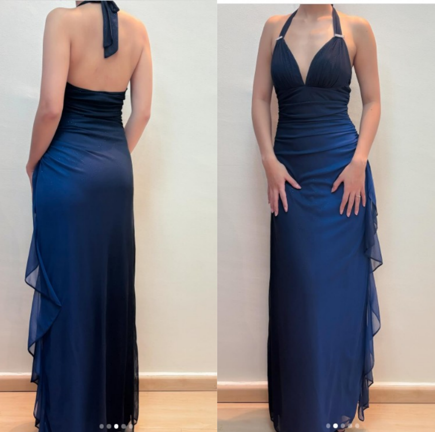 Shiny Chiffon Halter Sheath Prom Dresses For Prom&Birthday Elegant Blue Prom Gown