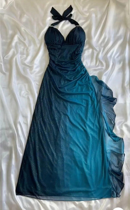 Shiny Chiffon Halter Sheath Prom Dresses For Prom&Birthday Elegant Blue Prom Gown