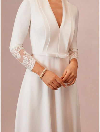 Little White Dresses Wedding Dresses A-Line V Neck Long Sleeve Tea Length Fabric Bridal Gowns With Bow(s) Solid Color