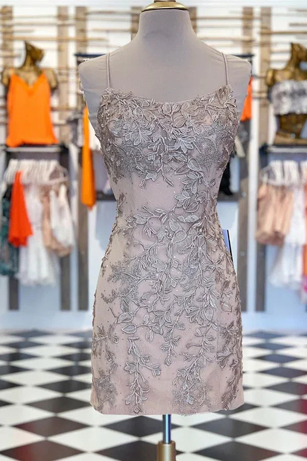 Vintage Silver Lace Embroidery Design Short Spaghetti Strap Homecoming Dress TP3565