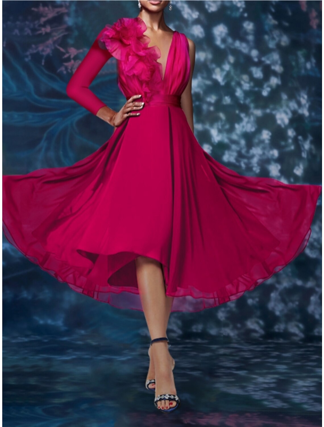 Sheath / Column Cocktail Dresses Floral Dress Wedding Guest Wedding Party Asymmetrical Long Sleeve V Neck Chiffon with Pleats 2026