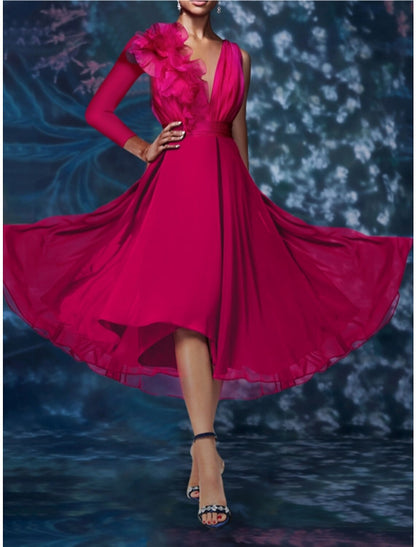 Sheath / Column Cocktail Dresses Floral Dress Wedding Guest Wedding Party Asymmetrical Long Sleeve V Neck Chiffon with Pleats 2026