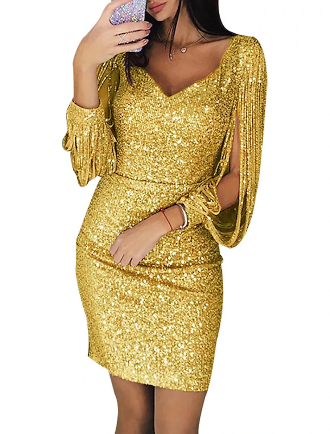 Women's Silver Sequin Dress Party Dress Sparkly Dress Homecoming Dress Sheath Dress Mini Dress Silver Light Rose 3/4-Length Sleeve Solid Color Spring Fall V Neck Elegant