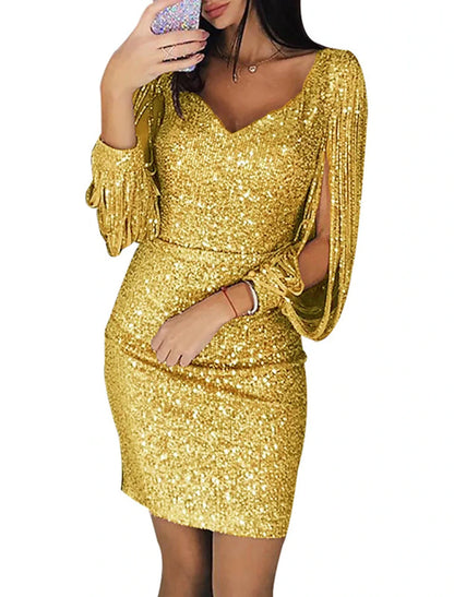 Women's Silver Sequin Dress Party Dress Sparkly Dress Homecoming Dress Sheath Dress Mini Dress Silver Light Rose 3/4-Length Sleeve Solid Color Spring Fall V Neck Elegant