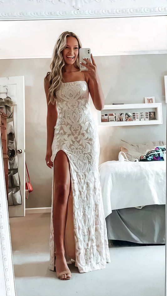 Simple White Prom Dress, Modest Slit Prom Dresses, Lace Wedding Gowns