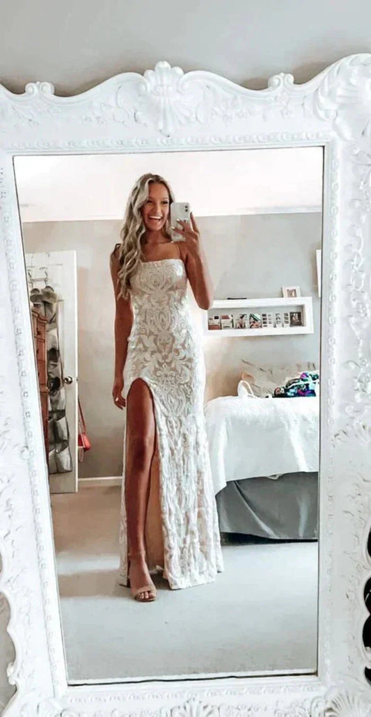Simple White Prom Dress, Modest Slit Prom Dresses, Lace Wedding Gowns