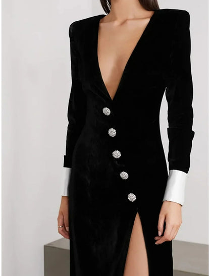 A-Line Evening Gown Elegant Dress Formal Black Dress Floor Length Long Sleeve V Neck Velvet with Buttons Slit 2026