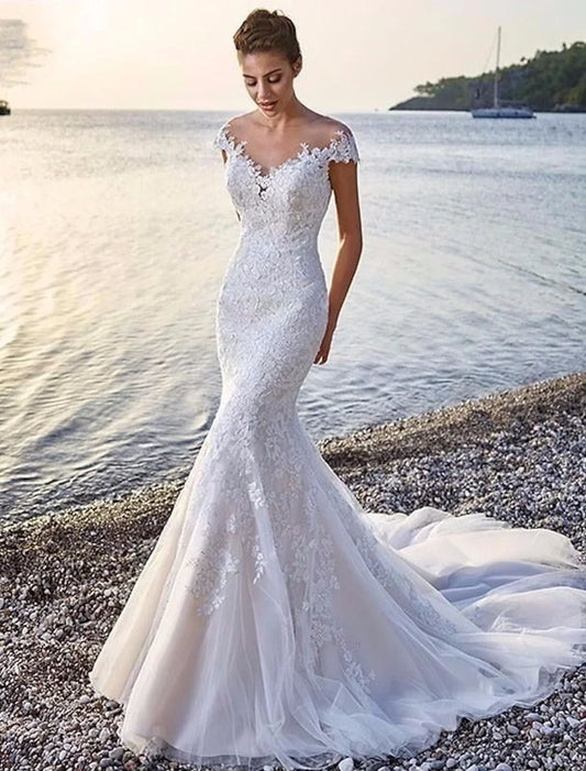 Beach Formal Wedding Dresses Mermaid / Trumpet Scoop Neck Off Shoulder Cap Sleeve Court Train Lace Bridal Gowns With Appliques Summer Wedding Party Women's Clothing