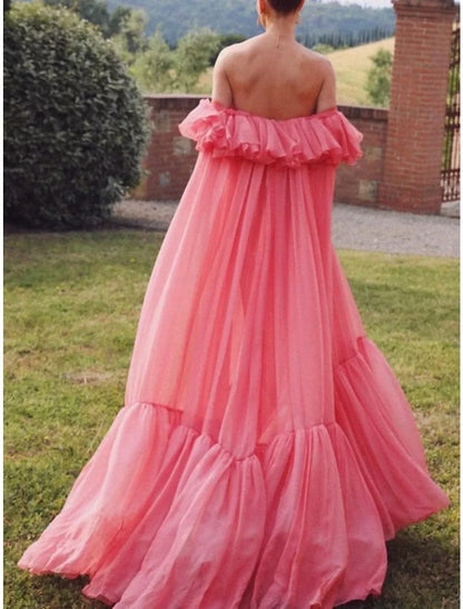 Sheath / Column Evening Gown Elegant Dress Formal Wedding Guest Sweep / Brush Train Short Sleeve Off Shoulder Tulle with Pleats Ruffles 2026