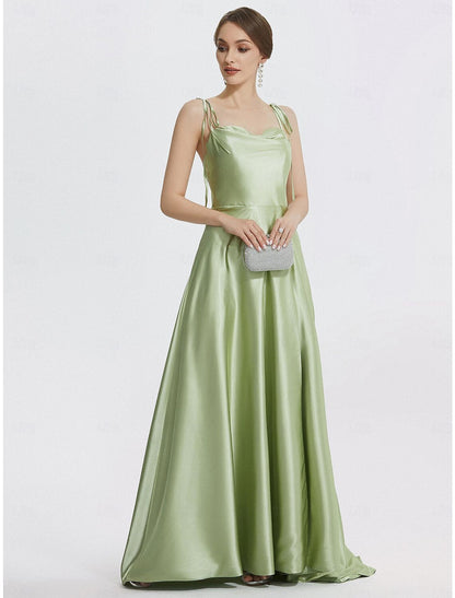 A-Line Evening Gown Elegant Dress Formal Prom Floor Length Sleeveless Spaghetti Strap Satin with Ruched Slit Strappy