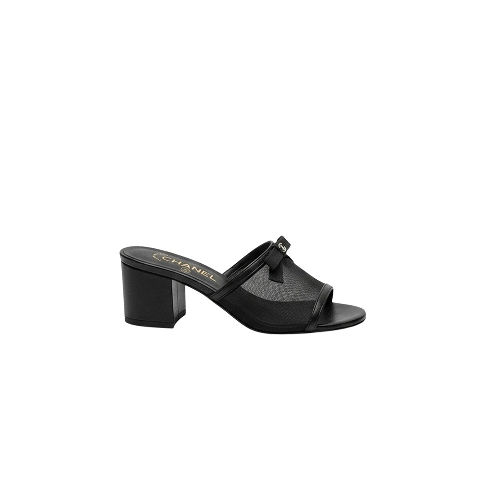 Chanel Mesh Bow Block Heel Mules Black
