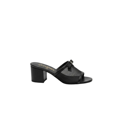 Chanel Mesh Bow Block Heel Mules Black