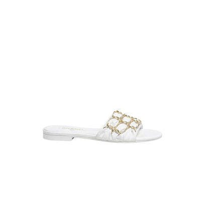 Chanel Slide Sandals Gold Chain White