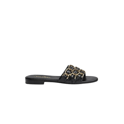 Chanel Slide Sandals Gold Chain Black