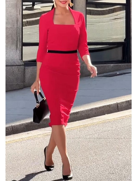 Sheath / Column Cocktail Dresses Vintage Dress Evening Party WorkWear Tea Length 3/4 Length Sleeve Square Neck Fabric with Strappy
