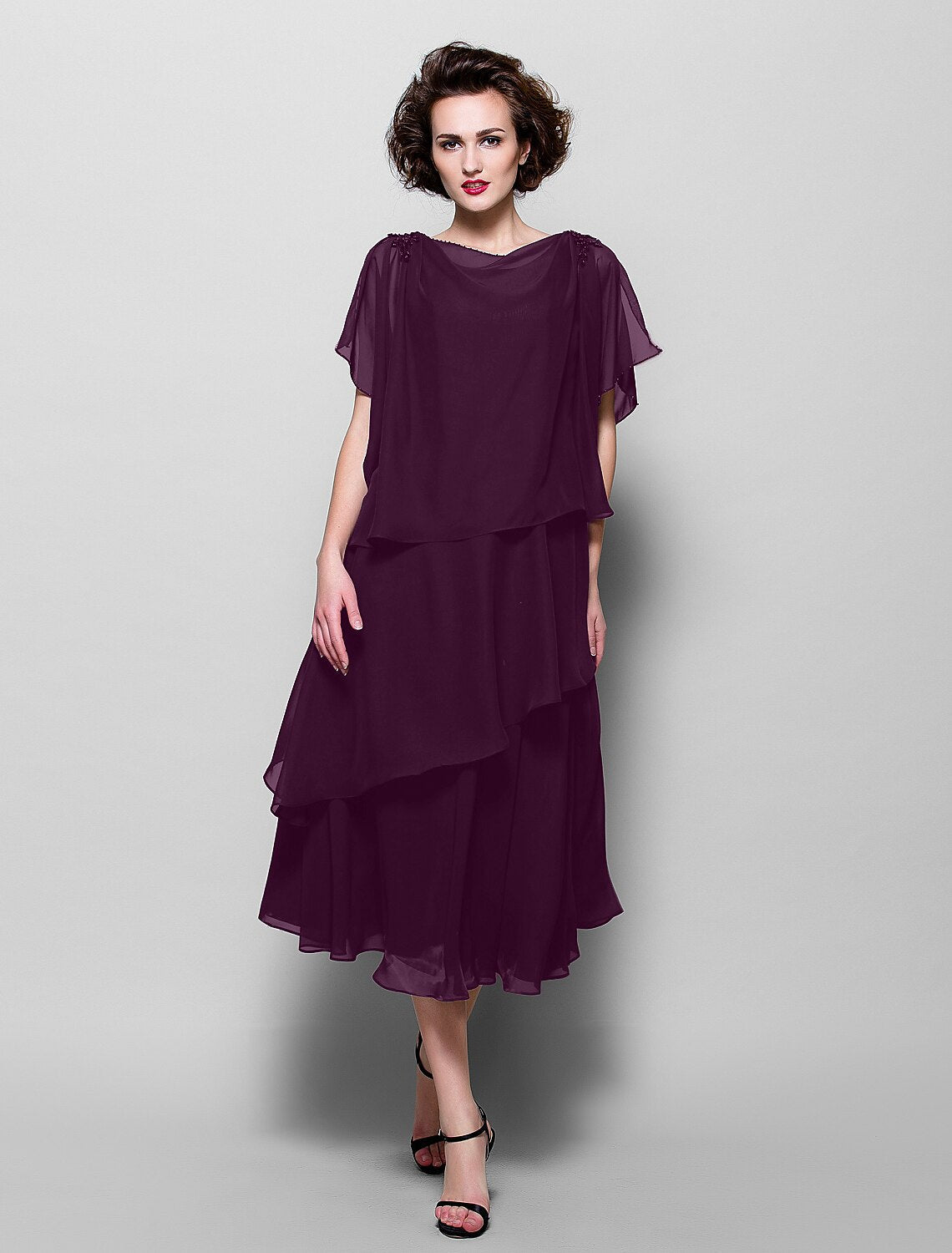 A-Line Mother of the Bride Dress Plus Size Elegant Cowl Neck Tea Length Chiffon Short Sleeve with Ruffles Crystal Brooch A-Line Mother of the Bride Dress Plus Size Elegant Cowl Neck Tea Length Chiffon Short Sleeve with Ruffles Crystal Brooch