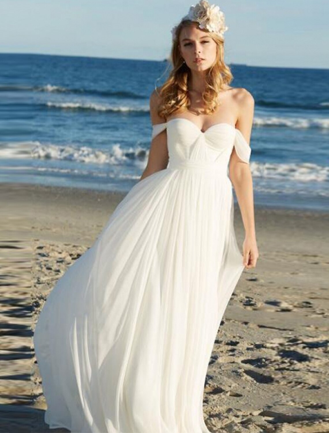 Beach Sexy Boho Wedding Dresses A-Line Off Shoulder Cap Sleeve Floor Length Chiffon Bridal Gowns With Pleats Solid Color 2025 Summer Wedding Party, Women's Clothing