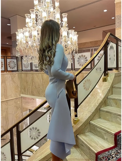 Sheath / Column Cocktail Dresses Elegant Dress Formal Fall Knee Length Long Sleeve Jewel Neck Fabric with Pleats Ruched