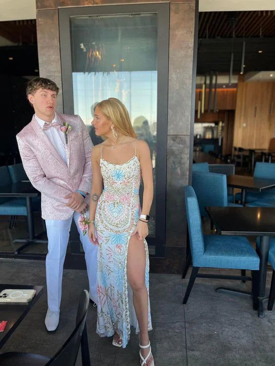 White Gorgeous Shiny Exquisite Beaded Spaghetti Strap Sequined Backless Long Chiffon Ball Gowns Prom Dress Prom Gowns Holiday Prom Dresses