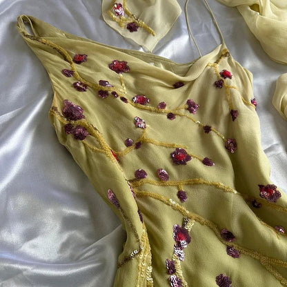 Yellow Green Gorgeous Exquisite Vintage Embroidered Spaghetti Strap Long Ball Gowns Prom Dresses Prom Gowns
