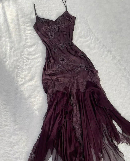 Dark Purple Fashion Exquisite Beaded Spaghetti Straps Long Satin Prom Gowns Prom Dress