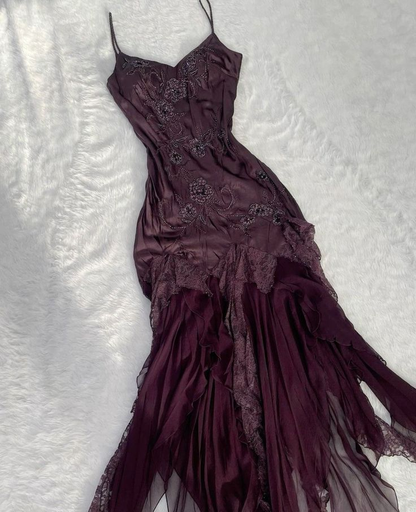 Dark Purple Fashion Exquisite Beaded Spaghetti Straps Long Satin Prom Gowns Prom Dress